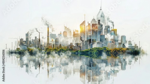 A city of underwater ruins, inhabited by merfolk and sea creatures, in white background