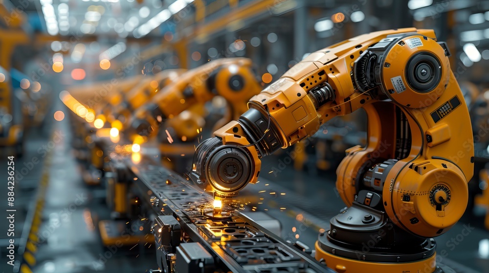 A high-tech factory with robotic arms welding cars A high-tech factory with robotic arms welding cars