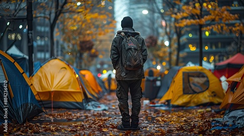 A homeless man stands among tents in the city, with dirty and cold 