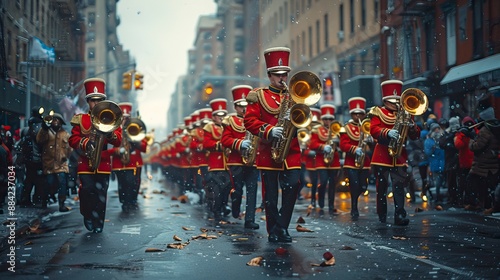 A marching band in uniform playing through the streets  
