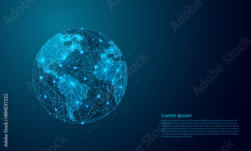 Earth planet 3d Futuristic abstract symbol blue background.World map polygonal symbol with connected line. Save the World, planet, ecology-low poly wireframe concept.
