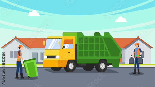 Cartoon street cleaners working at road. City landscape with janitors or sweepers gathering trash into bags and garbage bin flat vector illustration. Cleaning service concept 