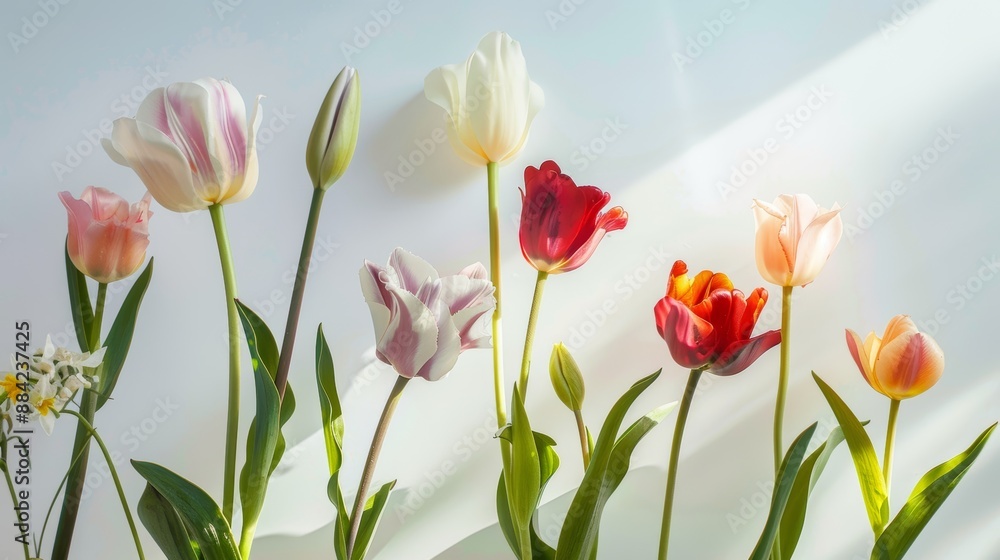 Vibrant tulips arranged in a vase, set against a white backdrop and bathed in natural light