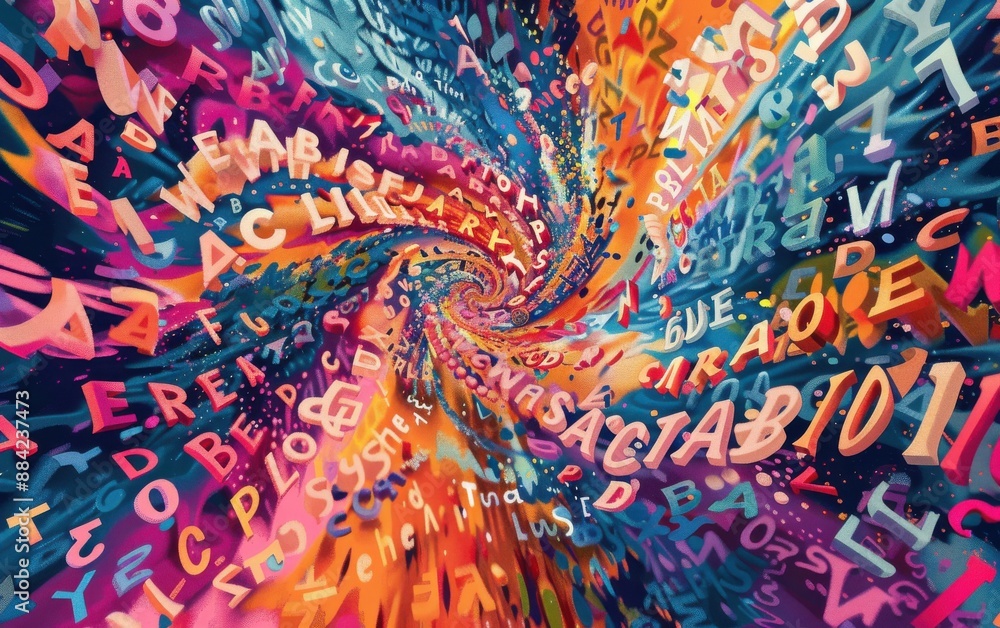 Vibrant Vortex of Letters in Dynamic Swirl Art Vibrant Vortex of Letters in Dynamic Swirl Art
