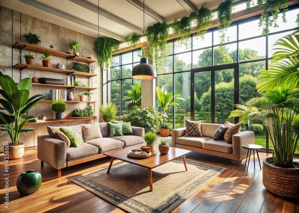 An inviting living room with a biophilic design flooded with natural light from large windows, lush indoor plants, and sustainable materials. Serene and eco-friendly ambiance.. An inviting living room with a biophilic design flooded with natural light from large windows, lush indoor plants, and sustainable materials. Serene and eco-friendly ambiance..