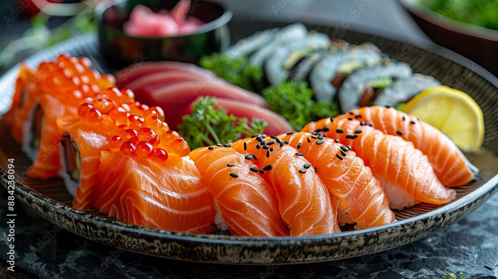 A round plate with various sushi and sashimi on it, placed against the background of dark gray stone texture A round plate with various sushi and sashimi on it, placed against the background of dark gray stone texture