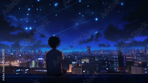 A man is sitting on a ledge looking out at the city below. Anime lofi background, anime lofi album cover