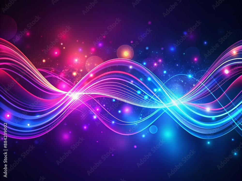 Fototapeta premium Vibrant neon glowing lines and bokeh lights undulate across a dark purple backdrop, evoking futuristic waves in a mesmerizing digital illustration of blue and pink hues.