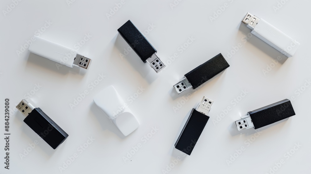 Numerous black and white usb flash drives are spread out on a white surface, symbolizing data storage and transfer Numerous black and white usb flash drives are spread out on a white surface, symbolizing data storage and transfer