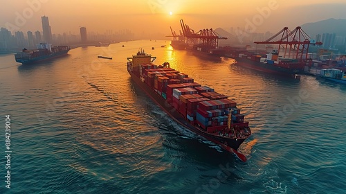 Aerial view of container ships and cargo cranes at a port for business 