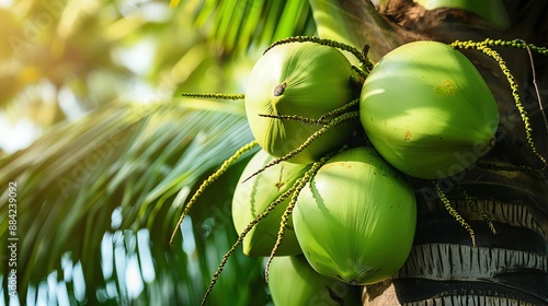 Close-up of green coconuts on palm tree.