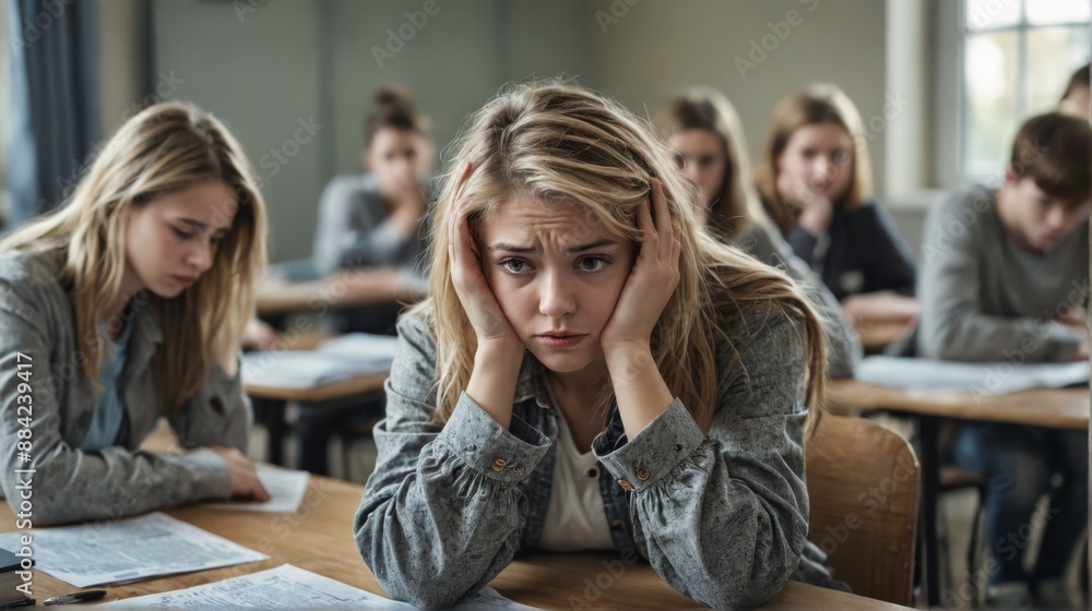 group young students sitting classroom focus is woman
