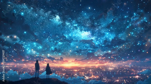 Anime style illustration of a starry night sky over a city 