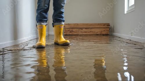 person standing flooded room is wearing blue jeans
