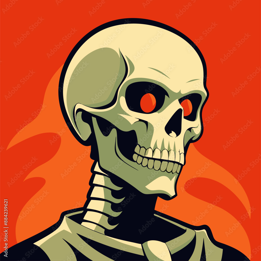A skeleton with red eyes and a tie stands out against a red backdrop A skeleton with red eyes and a tie stands out against a red backdrop