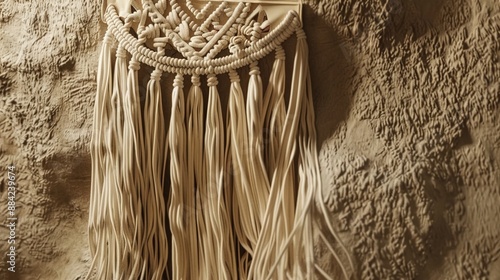 A bohemian-inspired macram?(C) waist belt with fringe accents, against a backdrop of sandy beige, adding a free-spirited vibe to festival attire. photo