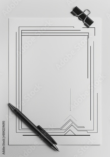 A minimalist stationery layout with a pen atop white paper adorned by thin black geometric borders and a metal clip. photo