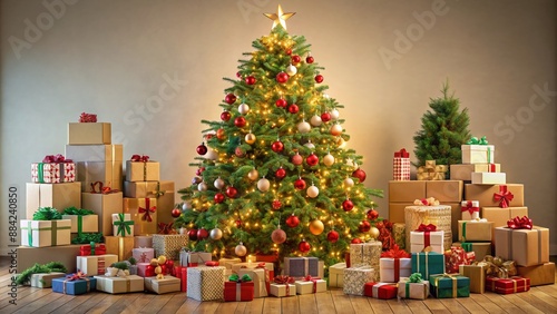 A beautifully decorated Christmas tree stands tall amidst a mountain of gift boxes, toys, and bags overflowing with goods for holiday charity donations. photo