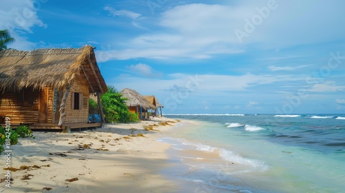 A cluster of rustic wooden huts with straw roofs, positioned on a sandy beach against a backdrop of gentle waves, providing cozy accommodations for beachgoers.