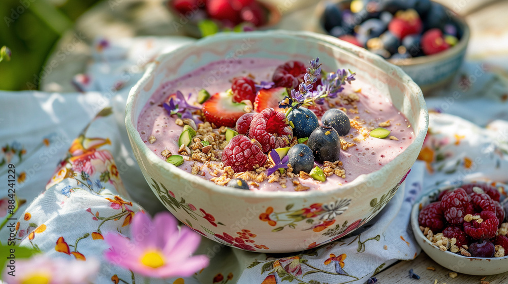 Berry smoothie in a deep bowl is decorated with raspberries, blackberries, blueberries, crushed nuts and golden kandurin, flower petals Berry smoothie in a deep bowl is decorated with raspberries, blackberries, blueberries, crushed nuts and golden kandurin, flower petals