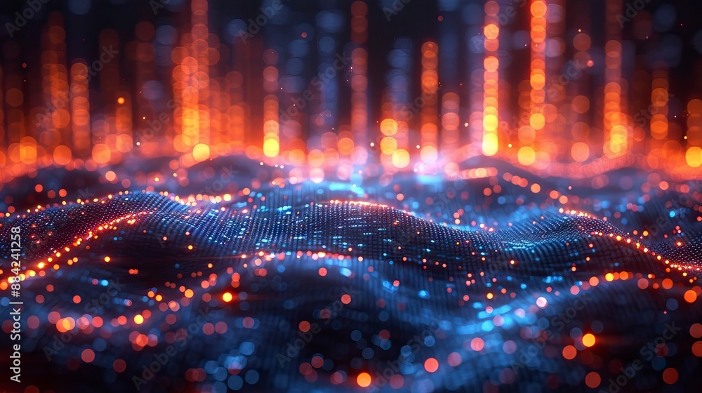 Close up of rising financial graph with stock market background, blue and orange color theme, dark background Close up of rising financial graph with stock market background, blue and orange color theme, dark background