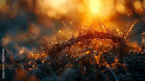 Crown of thorns with golden halo on sunset background 