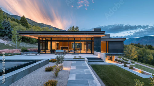 A sleek, modern retreat in the mountains, designed for rejuvenation and healing, peaceful and harmonious, upper third copy space photo