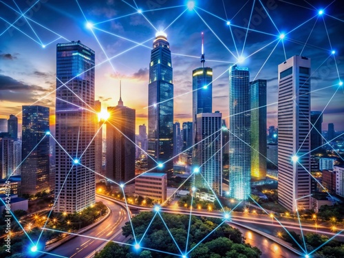 Wallpaper Mural Futuristic urban landscape with sleek skyscrapers, glowing neon lights, and intricate network of connected devices, showcasing a seamless integration of technology and infrastructure. Torontodigital.ca