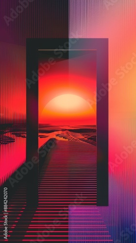 Vivid artwork showcasing an abstract view of a sunset through a stylized, geometric door, emphasizing bold colors. photo