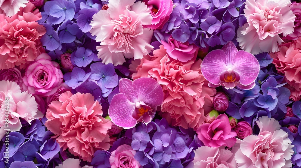 Obraz premium Colorful flower bouquet background made of pink and purple carnation and orchid flowers wall for background and wallpaper. 