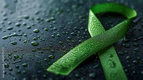 Green Awareness Ribbon on Water Droplets Background photo