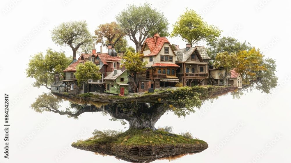 Obraz premium A hidden city built within the branches of a giant tree, its inhabitants living in harmony with nature, in white background