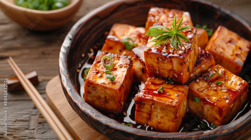 The national cuisine of Japan. Crispy tofu with chili sauce. The national cuisine of Japan. Crispy tofu with chili sauce.