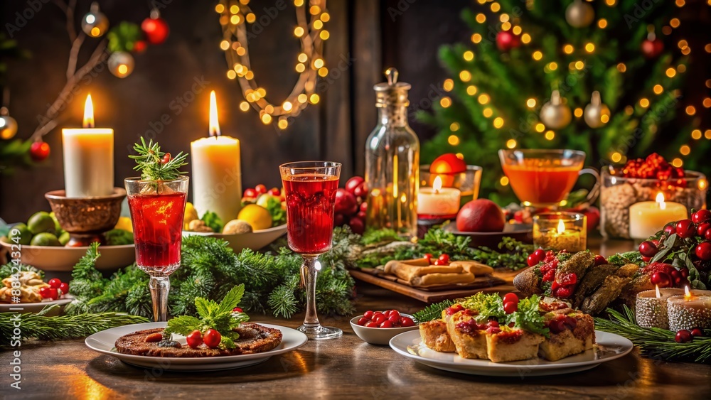 Vibrant festive table setting with delicious food, refreshing drinks, and decorative centerpiece on a dark background, evoking warmth and inviting atmosphere for a special occasion. Vibrant festive table setting with delicious food, refreshing drinks, and decorative centerpiece on a dark background, evoking warmth and inviting atmosphere for a special occasion.