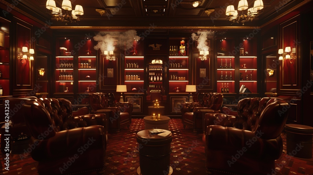 A Cuban cigar lounge with plush leather chairs and glowing sconces, against a backdrop of deep wine red, inviting relaxation and camaraderie among connoisseurs.