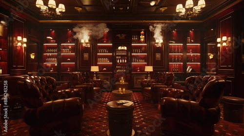 Obraz na płótnie A Cuban cigar lounge with plush leather chairs and glowing sconces, against a backdrop of deep wine red, inviting relaxation and camaraderie among connoisseurs. w salonie