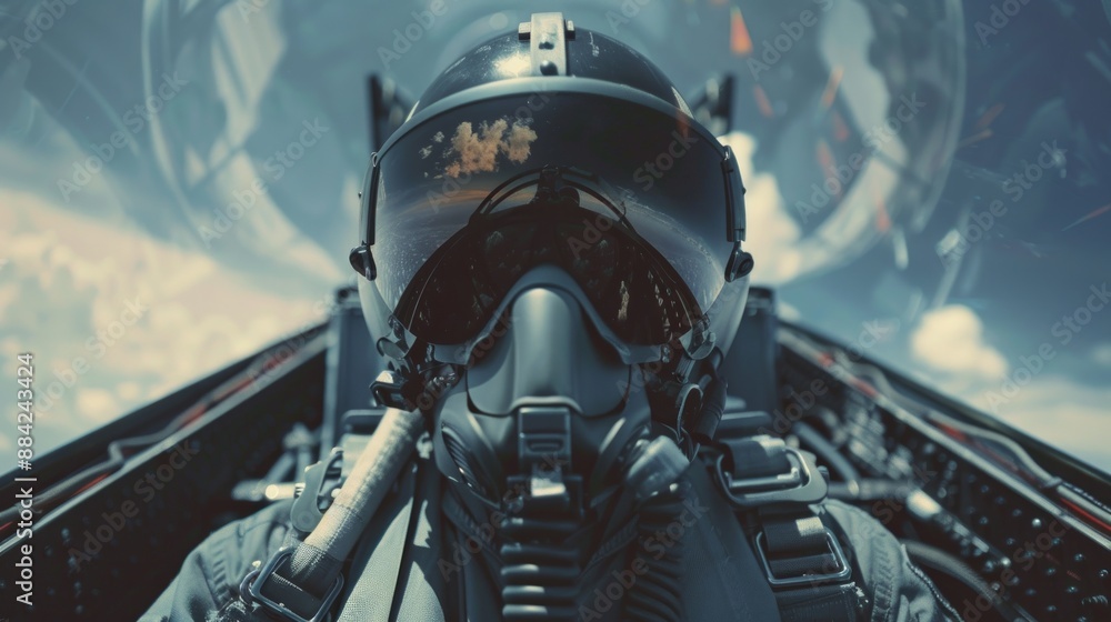 Fototapeta premium Pilot in Cockpit with Clouds Reflected in Visor