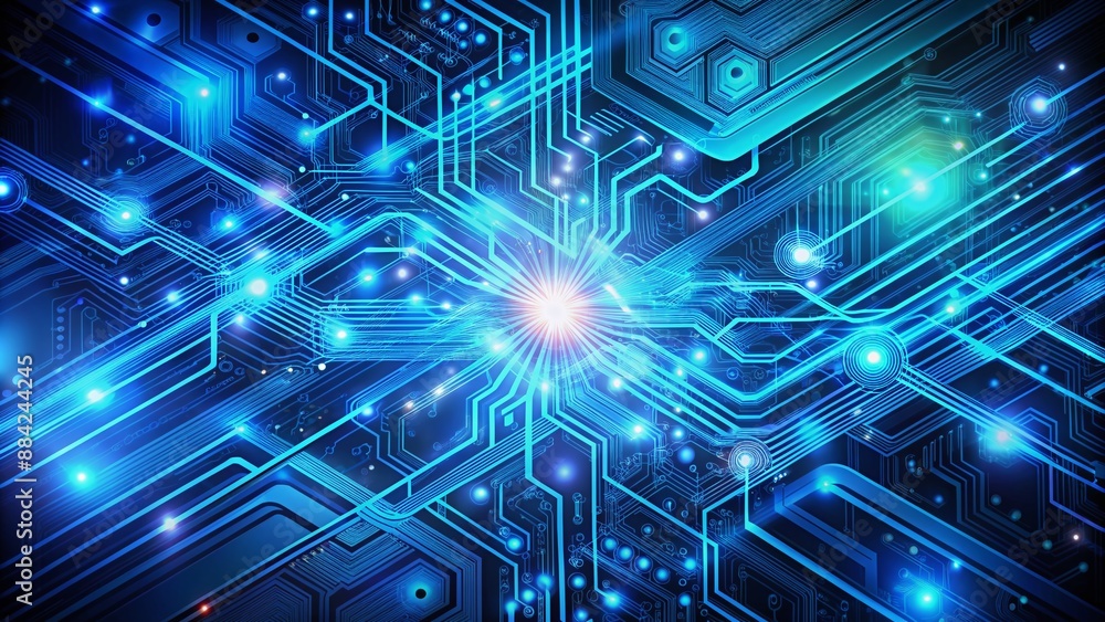 Vibrant blue tech digital abstract background featuring swirling patterns of circuit boards, wires, and neon lights, evoking a sense of futuristic innovation and technological advancement. Vibrant blue tech digital abstract background featuring swirling patterns of circuit boards, wires, and neon lights, evoking a sense of futuristic innovation and technological advancement.