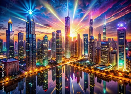 Wallpaper Mural Dazzling urban landscape with sleek skyscrapers and vibrant lights in kaleidoscope of colors, illuminating the futuristic city's bustling nightscape with mesmerizing beauty. Torontodigital.ca