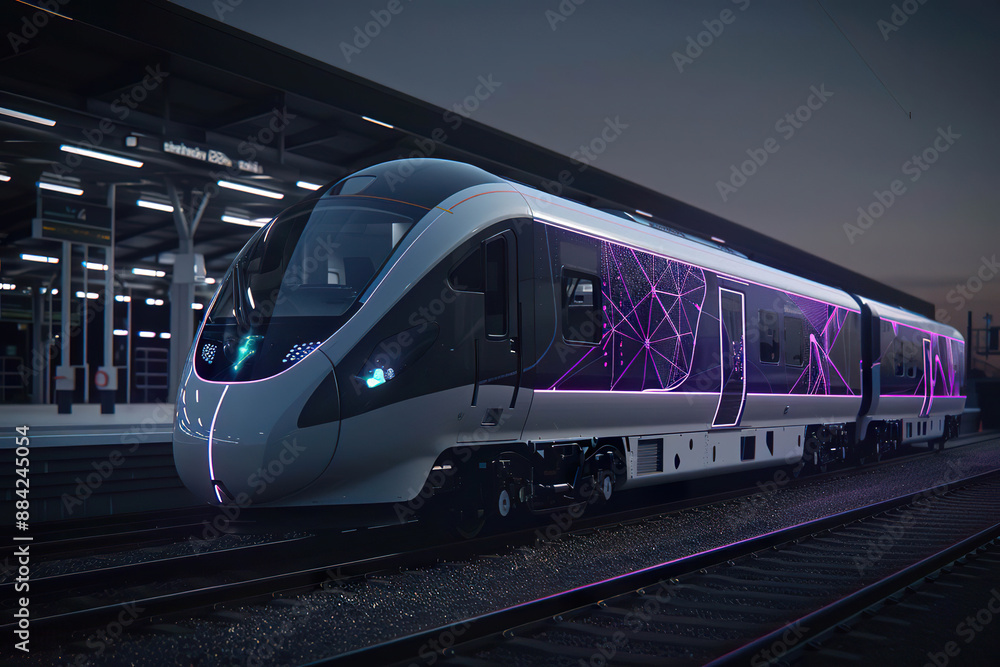 Naklejka premium Futuristic high speed train with a futuristic light pattern in the dark. Generated by AI.