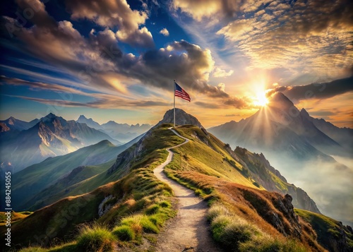 Majestic abstract mountain landscape with winding path leading to the summit, where a solitary flag proudly waves, symbolizing triumph and adventure. photo