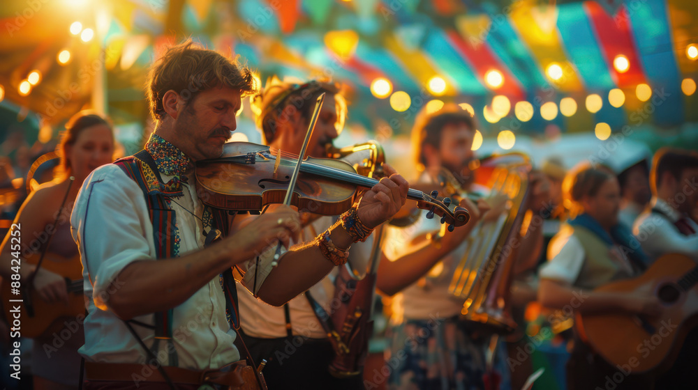 Fototapeta premium Colorful folk music band performing in vibrant outdoor festival at sunset
