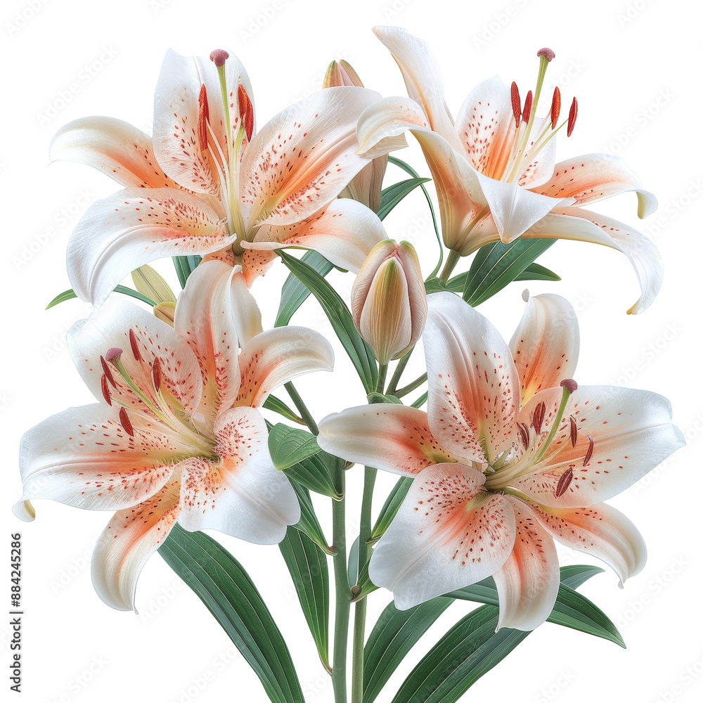 Obraz premium Elegant blooming lilies with buds isolated cut out on PNG format
