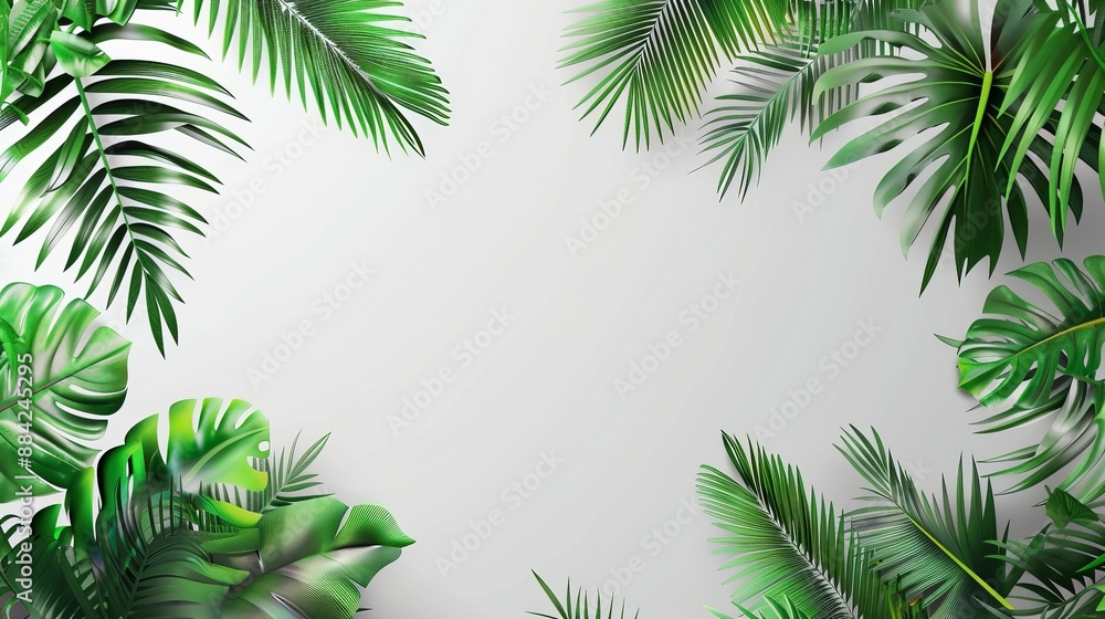 Lush foliage border with exotic green leaves and white background Lush foliage border with exotic green leaves and white background