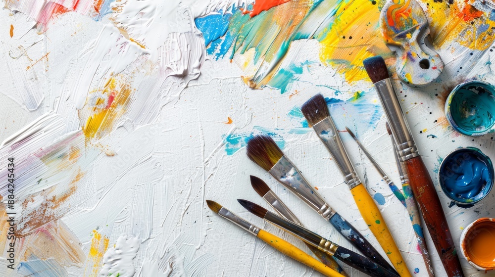 Obraz premium Paint brushes and a palette resting on a canvas covered in vibrant oil paints