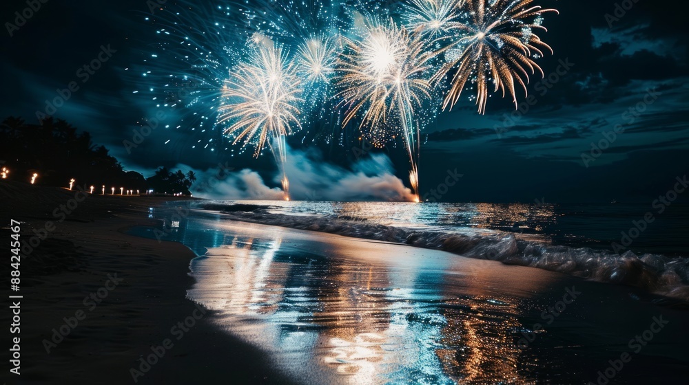 Fototapeta premium Fireworks Display Over the Ocean at Night