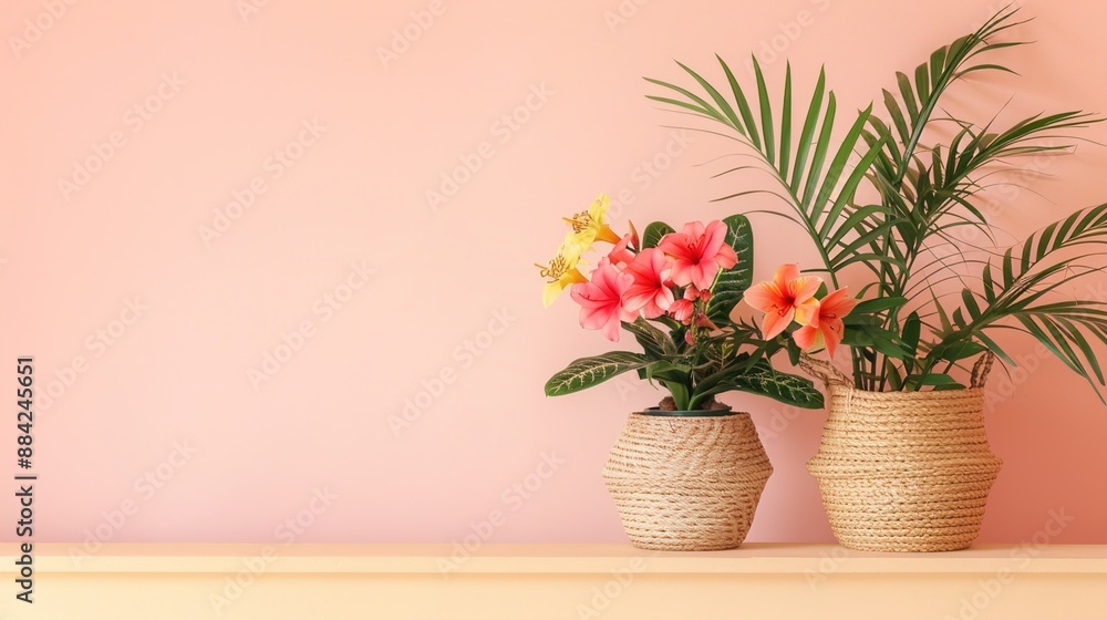 A pair of vibrant flowering plants displayed in woven baskets, placed on a Scandinavian-style console table against a backdrop of soft blush pink, bringing a pop of color to minimalist interiors.