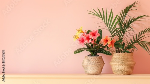Obraz na płótnie A pair of vibrant flowering plants displayed in woven baskets, placed on a Scandinavian-style console table against a backdrop of soft blush pink, bringing a pop of color to minimalist interiors. w salonie
