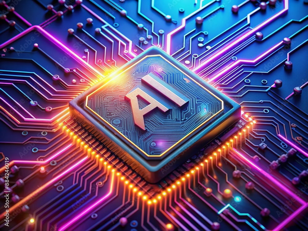Futuristic microchip with AI-inspired font emerges from a sleek motherboard, set against a vibrant, neon-lit background, evoking innovation and technological advancement. Futuristic microchip with AI-inspired font emerges from a sleek motherboard, set against a vibrant, neon-lit background, evoking innovation and technological advancement.