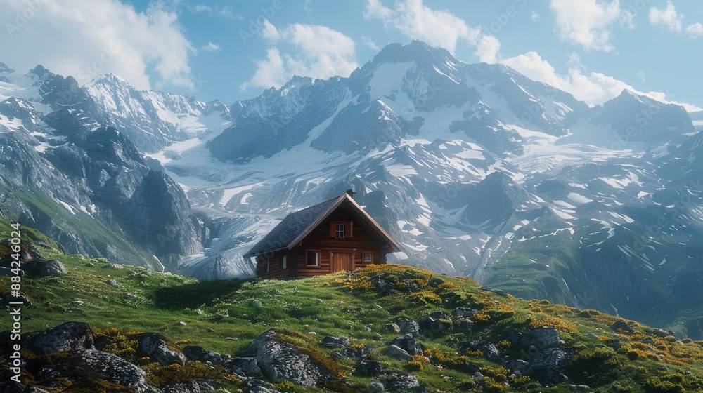 A quaint mountain hut perched on a grassy hillside against a backdrop of snow-capped peaks, offering breathtaking views and cozy shelter for hikers and adventurers. A quaint mountain hut perched on a grassy hillside against a backdrop of snow-capped peaks, offering breathtaking views and cozy shelter for hikers and adventurers.